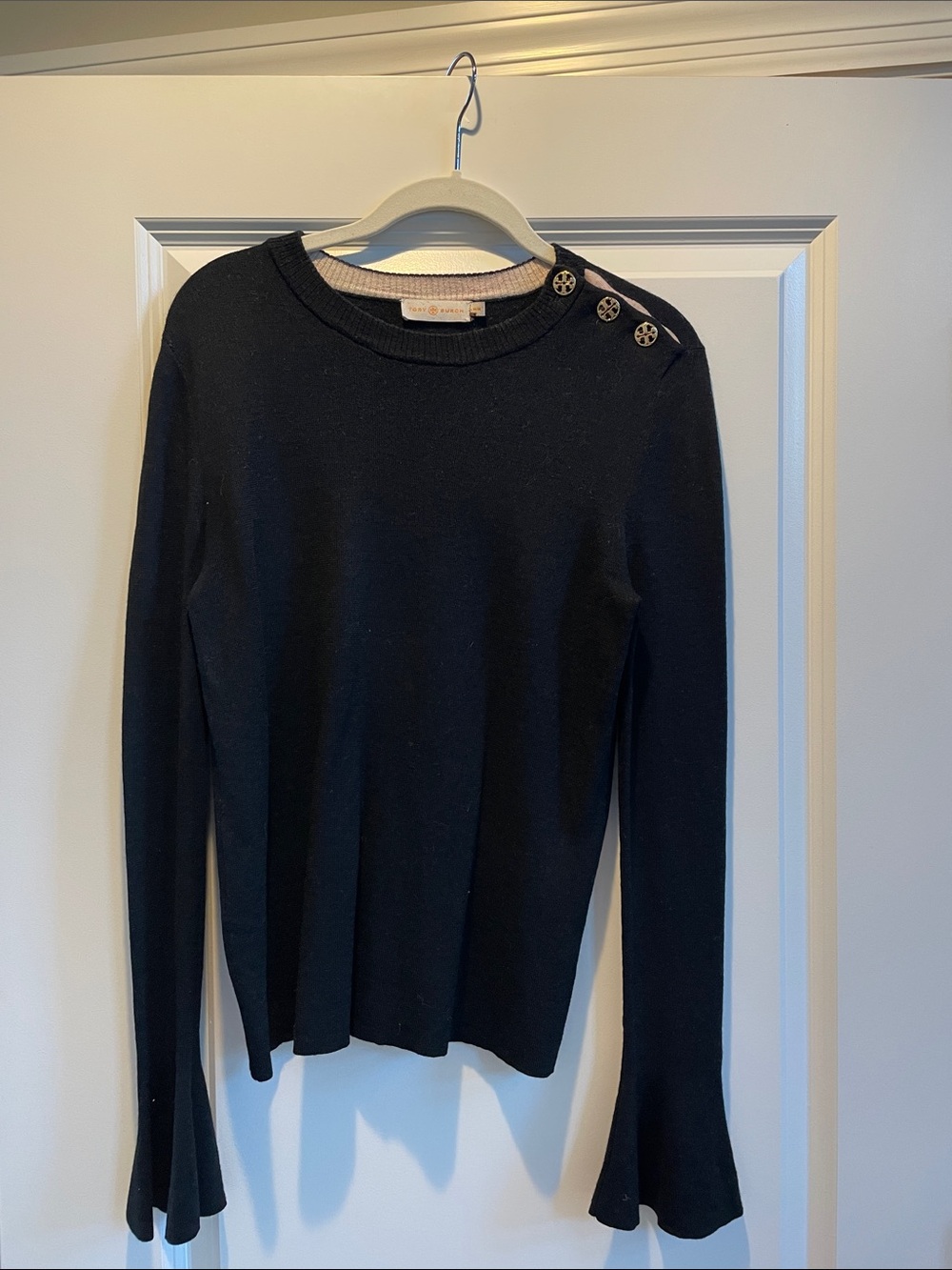 Tory Burch Black Crewneck Sweater with Shoulder Buttons